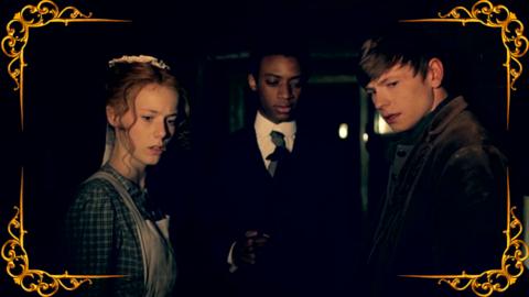 A group of young Victoria people looking concerned. From CBBC series Hetty Feather.