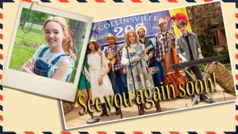 A postcard showing Holly Hobbie on stage with a blue ukulele, with the words 'See you again soon!'