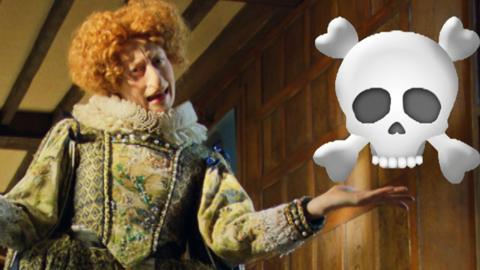 Queen Elizabeth I posing with a skull.