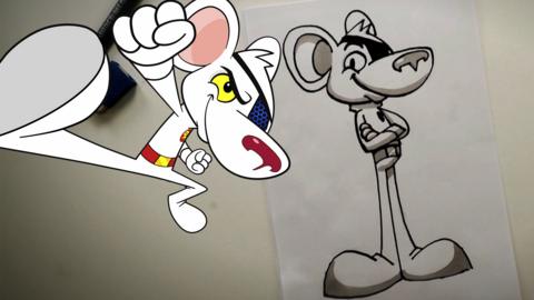 Danger Mouse doing a karate kick next to a drawing of Danger Mouse.
