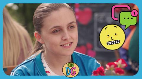A girl, Jody from The Dumping Ground is smiling. There is a awkward smile emoji sticker.