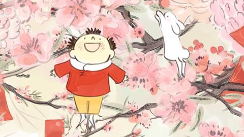 A young person in a red coat is dancing with a white rabbit in front of some pink trees