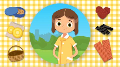 Darrell's character from Malory Towers game surrounded by an illustration of a hamper, biscuits, liquorice, cola cubes, pink wafers and lemon sweets.