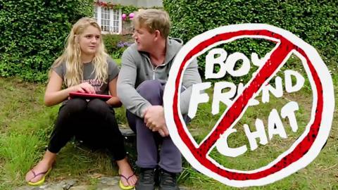 Tilly and Gordon sat talking and a graphic of 'boyfriend chat' in a red banned circle.