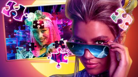 Nova Jones looks over her sunglasses, a jigsaw picture frame which is half completed is in the background.