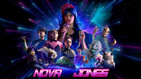 Characters from Nova Jones on a colourful, space themed background.