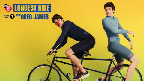 Greg James rides a tandem bicycle with himself on both seats.