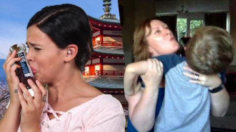 Saara kissing a bottle of sauce while a mum tries to give her son a big kiss.