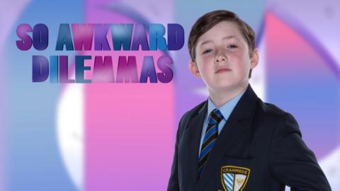 Maxwell with the So Awkward logo and falling books.