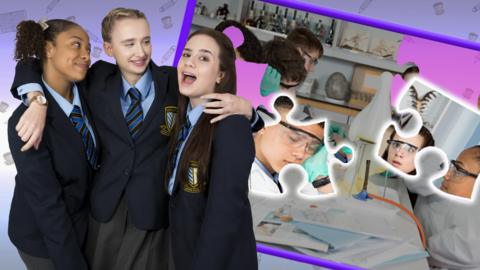 A group of girls standing in front of a jigsaw from So Awkward.