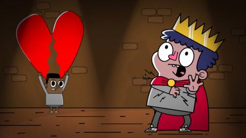 A cartoon King Lear dying of a broken heart.