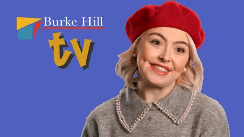Claire from Still So Awkward sat in front of a 'Burke Hill TV' logo.
