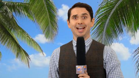 Jeff Still So Awkward stood in front of a tropical beach background.