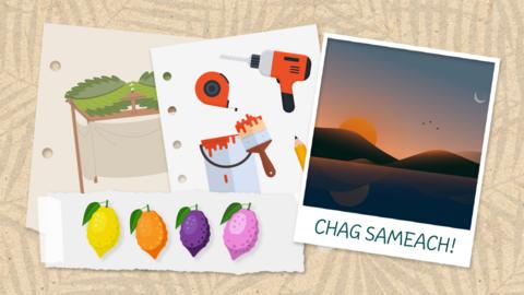 Illustrations of a sunset in the desert, tools, a sukkah, and etrogs.