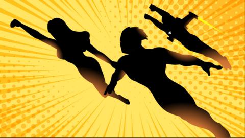 Three superheroes are flying over a colourful comic style background, text says "Super hero day".