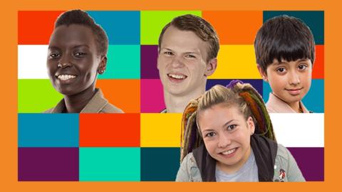 Various CBBC characters are arranged on a colourful tiled background.