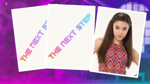 Three playing cards with The Next Step written on them and the third with a girls face on it, Piper.