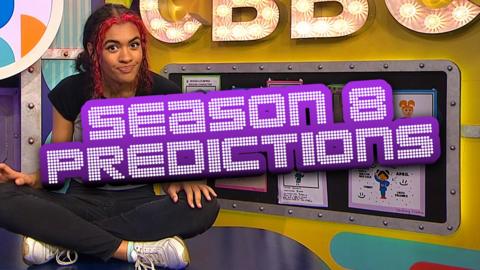 Alishea sat in CBBC HQ with the writing 'Season 8 Predictions' in The Next Step style writing in the foreground.