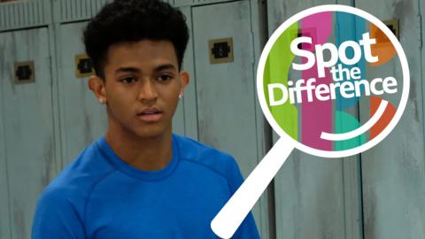A boy in a locker room looking confused with a picture of a magnifying glass that says 'Spot the Difference' next to it.