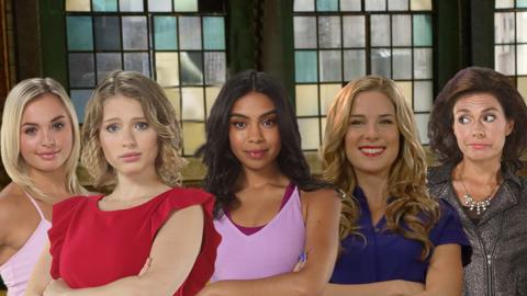 Five women and dance studio in background. Michelle, Emily, Thalia, Miss Kate and Miss Angela from The Next Step.