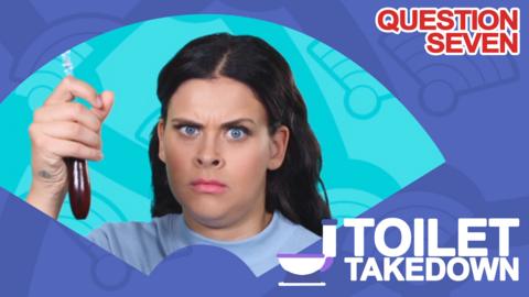 Woman holding toilet flush.