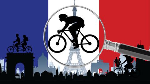 An athlete on a bike in silhouette cycling against a French flag and the skyline of Paris, with the Eiffel Tower in the background. A magnifying glass shows the cyclist clearly.