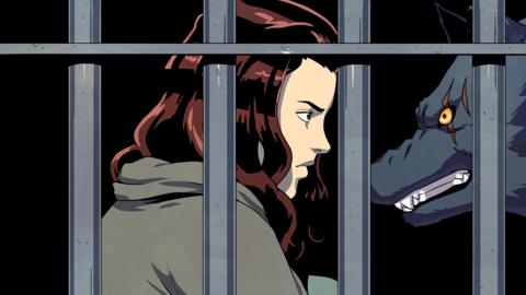 An illustration of Jana and Shyal in wolf form face to face inside a cage.