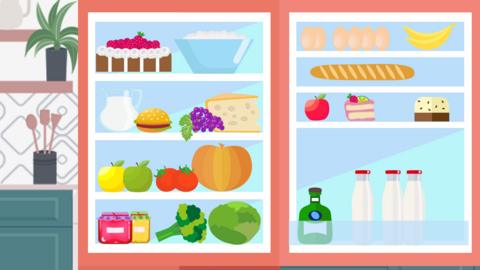 Illustration of a kitchen with a fridge open wide. The food within the fridge is appearing and disappearing.