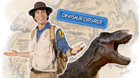 Image of Andy in explorer outfit smiling with his hands out next to a roaring dinosaur. There is an old looking map behind them and a badge saying 'dinosaur explorer'.