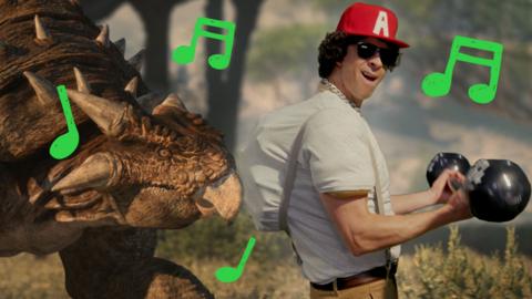 Andy Day lifting weights wearing cap and sunglasses, with armoured dino behind him.