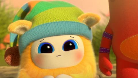 BaBa, a soft and cuddly character, looking anxious and upset.