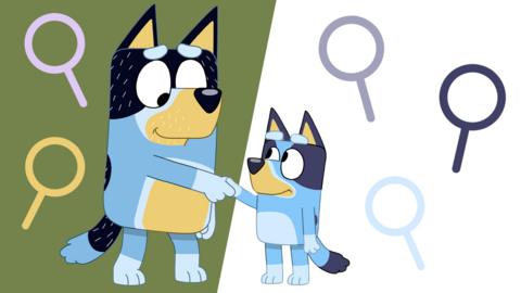 Bluey and Dad shake hands on a green and white background surrounded by different coloured magnifying glasses