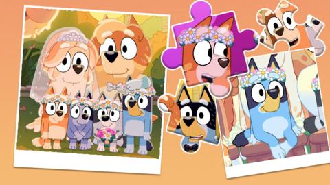 Polaroid style images of characters from Bluey, and some jigsaw pieces cut out.