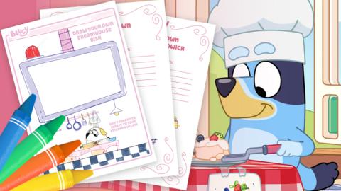 Bluey making pavlova, surrounded by recipe sheets and crayons.