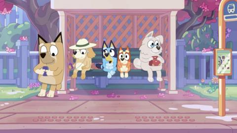Bluey and Bingo are waiting at the bus stop.