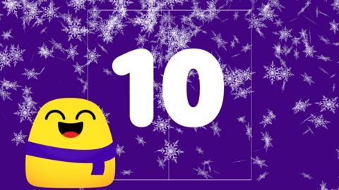 Yellow CBeebies Bug wearing a purple scarf in front of closed purple doors, snow falling, number 10 in bold.
