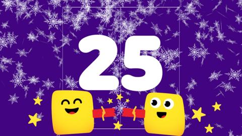 Two yellow CBeebies Bugs pulling a red cracker with a bang while laughing, in front of purple closed doors, snow falling, bold text shows number 25.