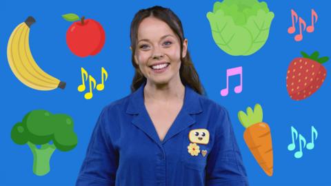 Image of Evie against a blue background surrounded by fruit, vegetables and musical symbols.