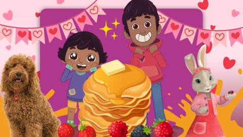 Nikhil and Jay stare excitedly at a stack of golden pancakes, hearts all around them.
