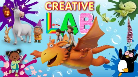 Zog the orange dragon flies into the Creative Lab with his doctor friends on his back, paint splashes all around.