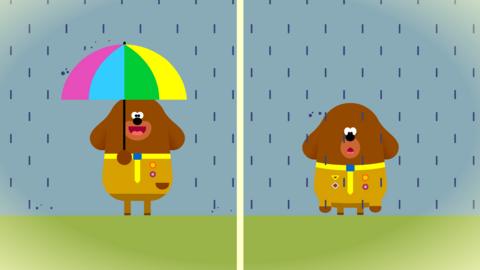 Duggee is smiling and holding an umbrella on the left and looks sad in the rain on the right side