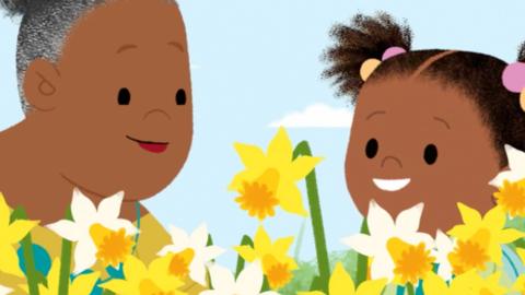 Gran Gran and JoJo headshots with daffodils infront of them.