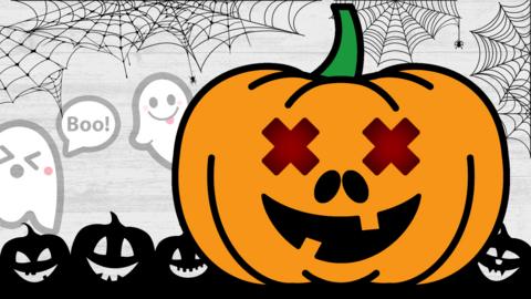 Illustration of a pumpkin with glowing red eyes, surrounded by cobwebs and ghosts.