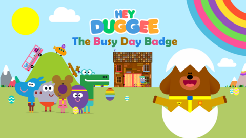 Hey Duggee popping out of an Easter egg. The Squirrels are in a spring scene with a sun and rainbow