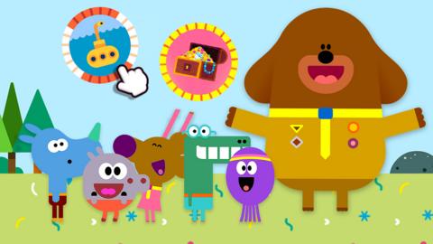 Hey Duggee with the Squirrels to his left. Badges from the game above.
