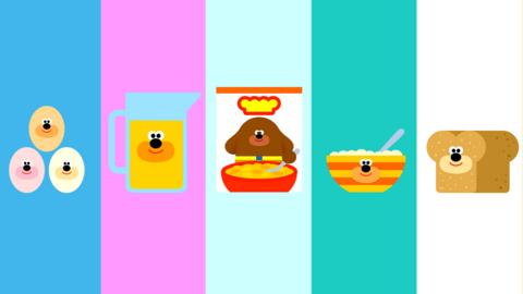Image of Hey Duggee style foods with different colour background.
