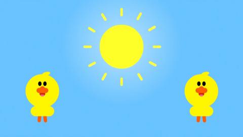 Two yellow ducks on a blue background with the yellow sun in the middle.