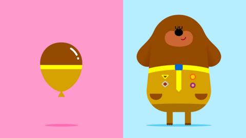 Hey Duggee inhales, his eyes closed, with a balloon by his side, showing how big his inhale is.
