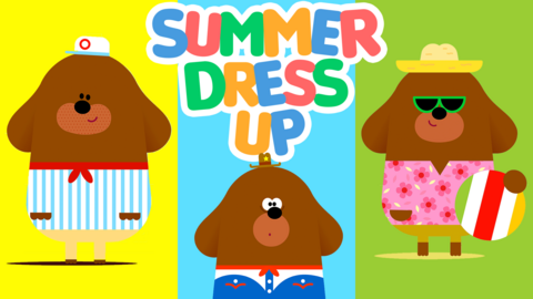 Duggee is in three different summer outfits in front of a coloured grid.