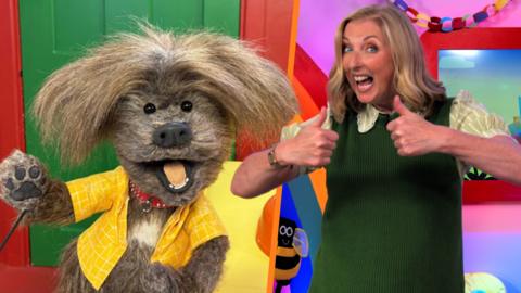 Dodge is in a yellow coat and Miss Hoolie has two thumbs up on the right.